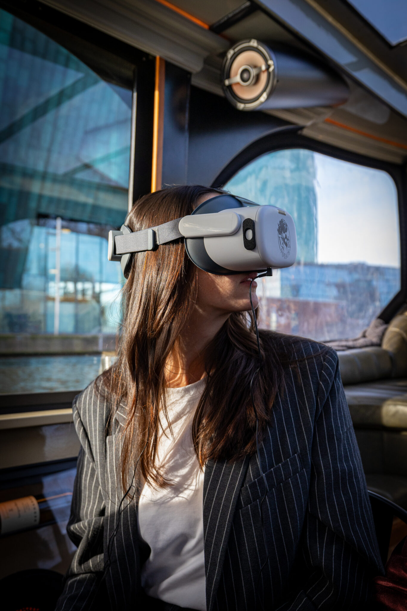 Visitors with the VR headset on